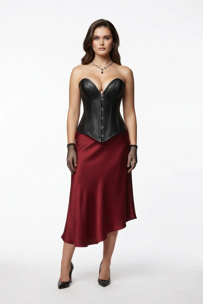 Black leather hourglass corset with double-V sweetheart neckline