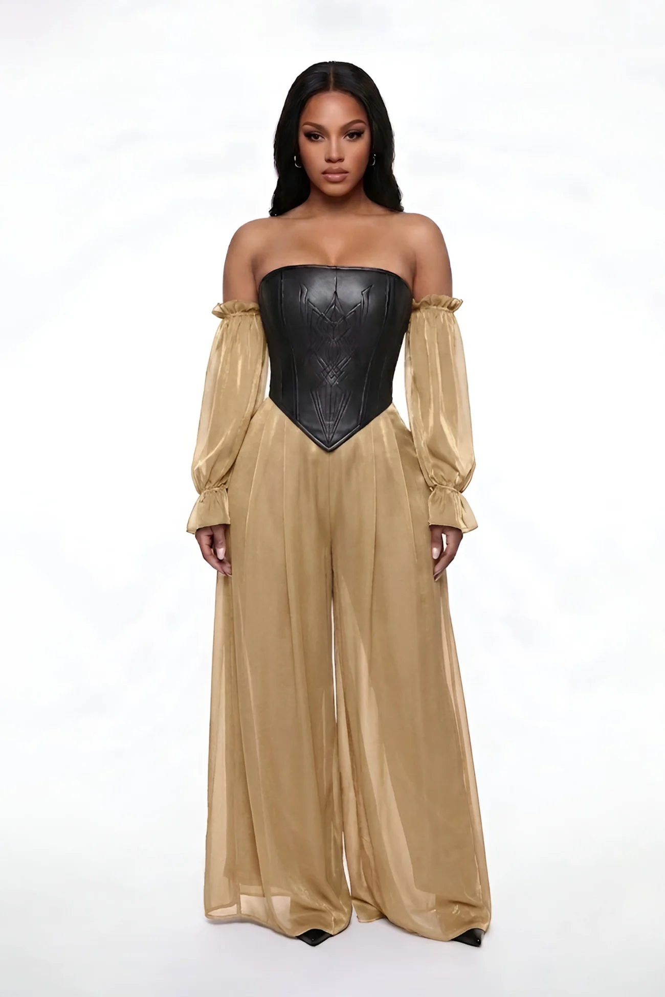 Black leather armour corset with embossed tribal design and pointed V-hem
