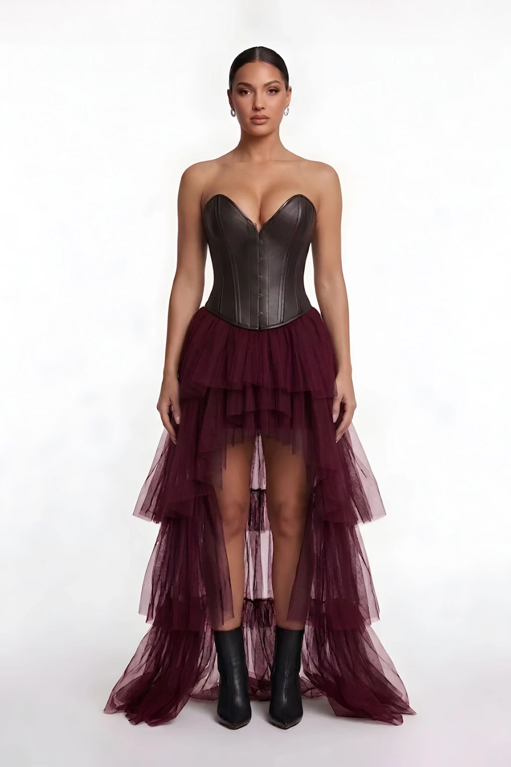 Dark brown leather corset bodice with sweetheart neckline