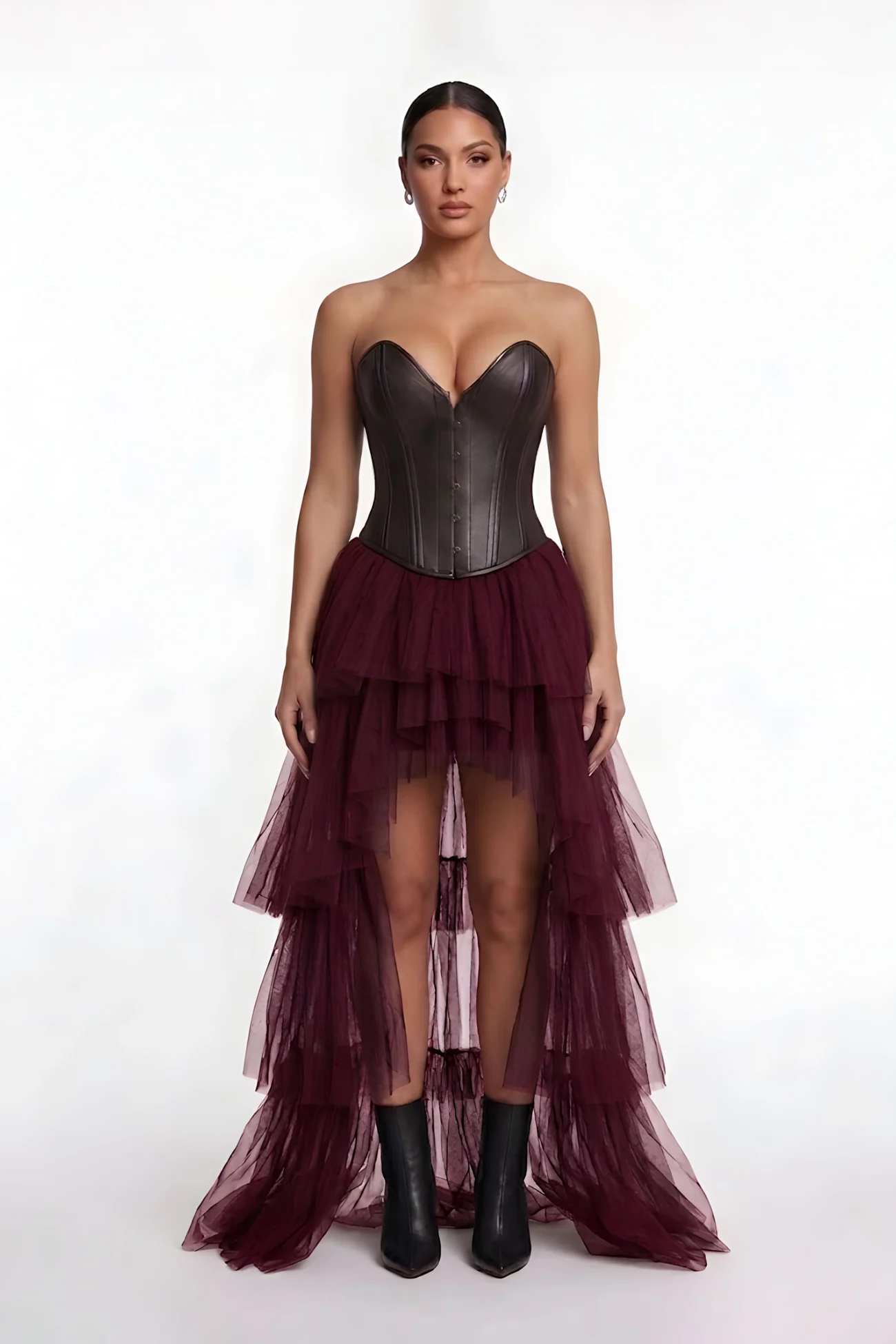 Dark brown leather corset bodice with sweetheart neckline