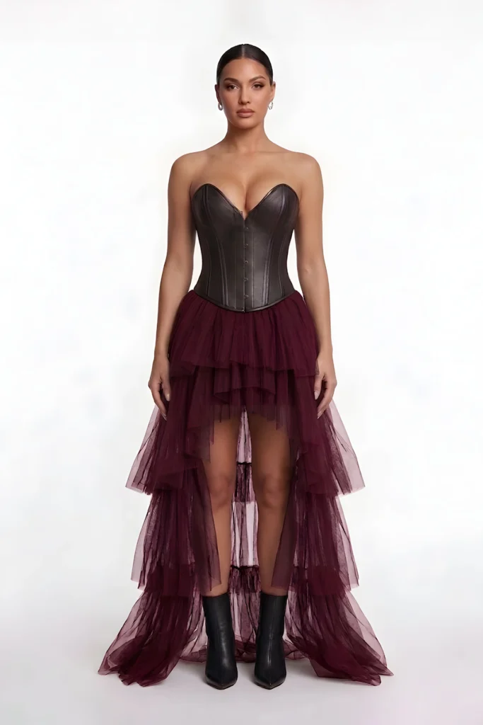 Dark brown leather corset bodice with sweetheart neckline
