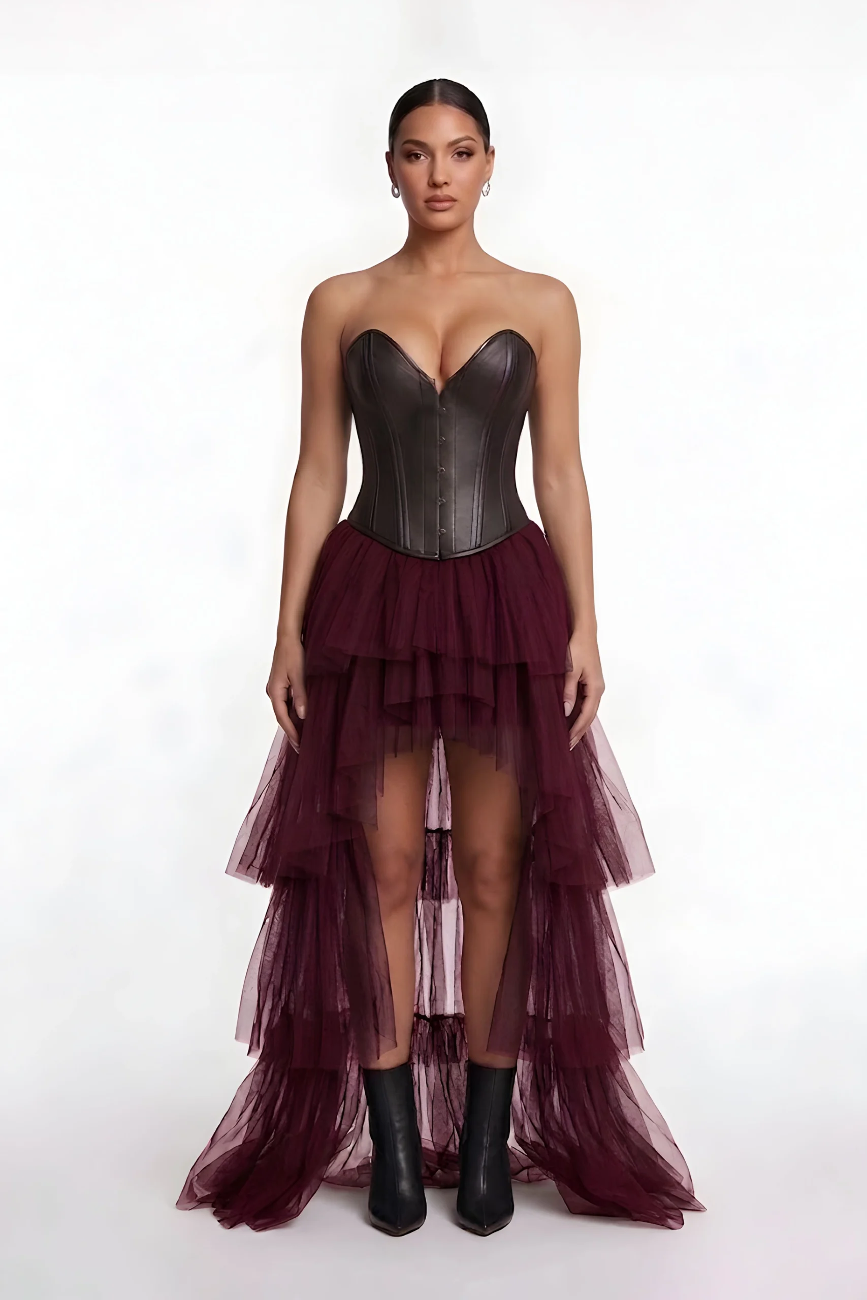 Dark brown leather corset bodice with sweetheart neckline